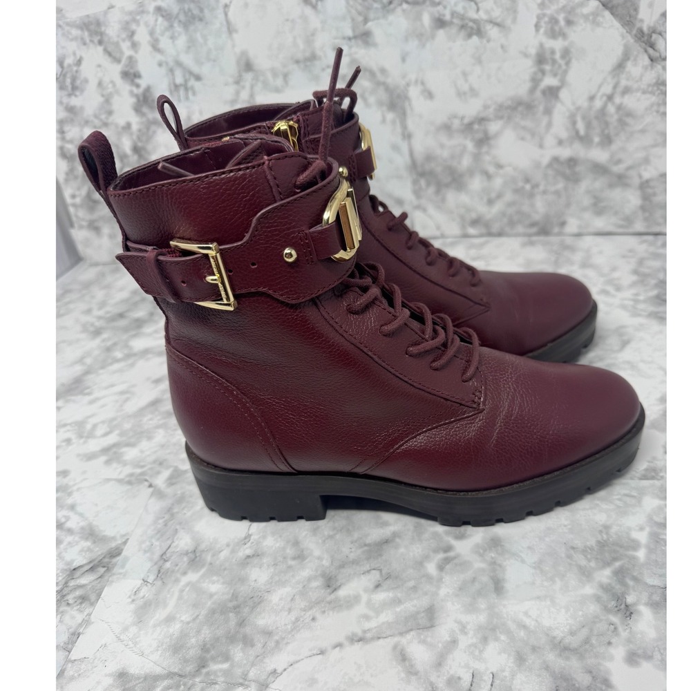 Michael Kors Burgundy Leather Lace Up Combat Boots Gold MK Logo Size 6.5M - Picture 4 of 10